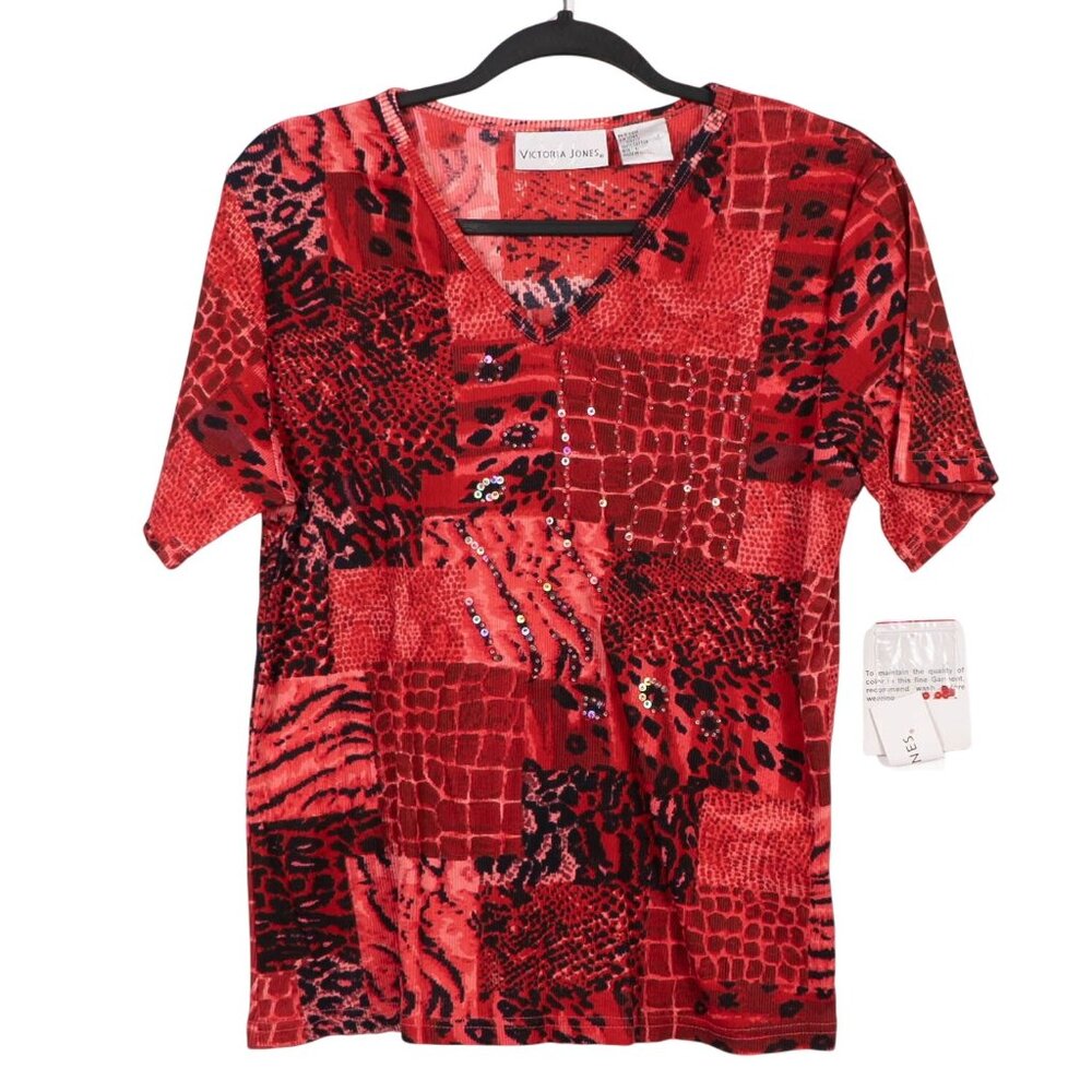 Boho Patchwork TShirt L NEW Red Beaded VNeck Animal Print Y2K Hippie Festival